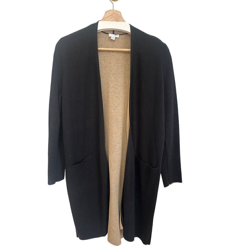 J JIll Open Front Drape Cardigan Jacket Black with Beige interior Womens Small